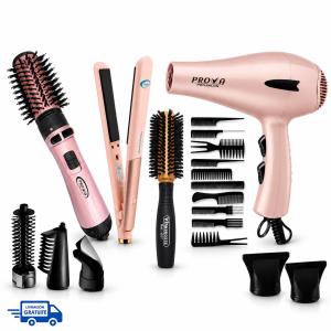 Pack Coiff PROVA – Brosse Soufflante 4-en-1 + Lisseur Cheveux Pro-Céramique + Sèche-Cheveux + Brosse et Set de Peignes Gratuit